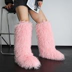 IPPEUM Pink Mongolian Fur Boots Knee High Boots Shoes Winter Plus Size 45 Fuzzy Boots