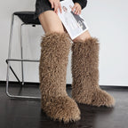 IPPEUM Brown Mongolian Fur Boots Knee High Boots Shoes Winter Plus Size 45