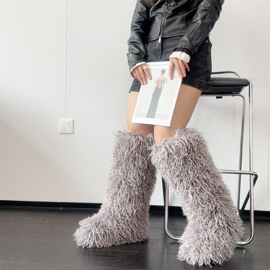 IPPEUM Grey Mongolian Fur Boots Knee High Boots Shoes Winter Plus Size 45 Fuzzy Boots