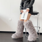 IPPEUM Grey Mongolian Fur Boots Knee High Boots Shoes Winter Plus Size 45 Fuzzy Boots