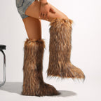 IPPEUM Mongolian Fur Boots Knee High Boots Shoes Winter Plus Size 46 Brown