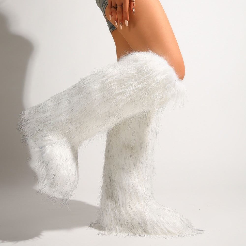 IPPEUM Mongolian Fur Boots Knee High Boots Shoes Winter Plus Size 46 White