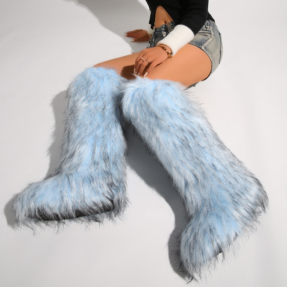 IPPEUM Mongolian Fur Boots Knee High Boots Shoes Winter Plus Size 46 Blue