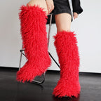 IPPEUM Red Mongolian Fur Boots Knee High Boots Shoes Winter Plus Size 45 Fuzzy Boots