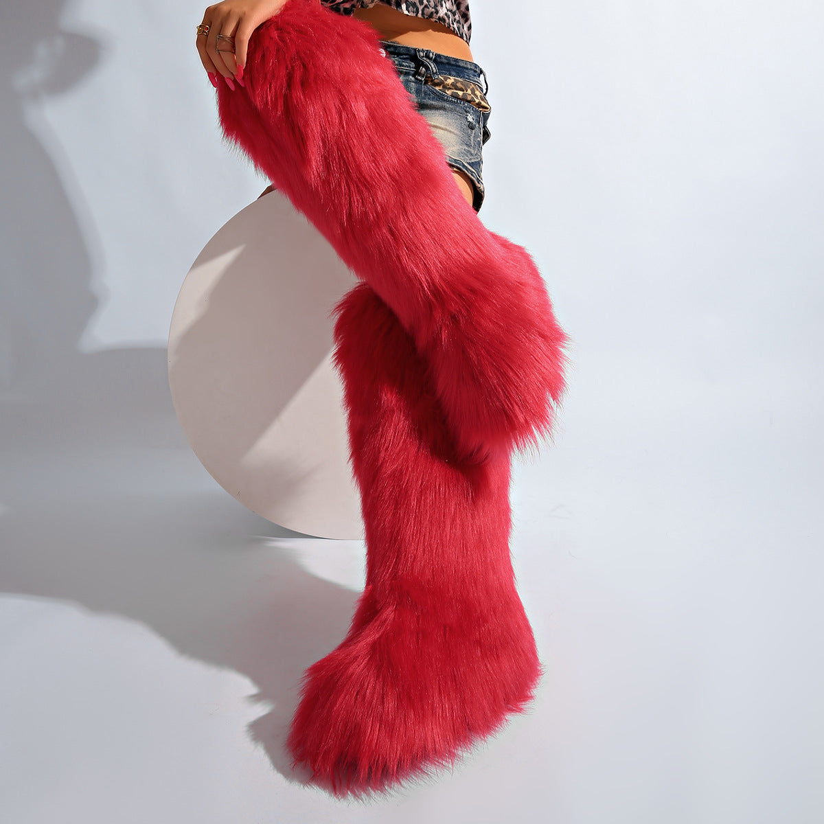 IPPEUM Red Mongolian Fur Boots Knee High Boots Shoes Winter Plus Size 46