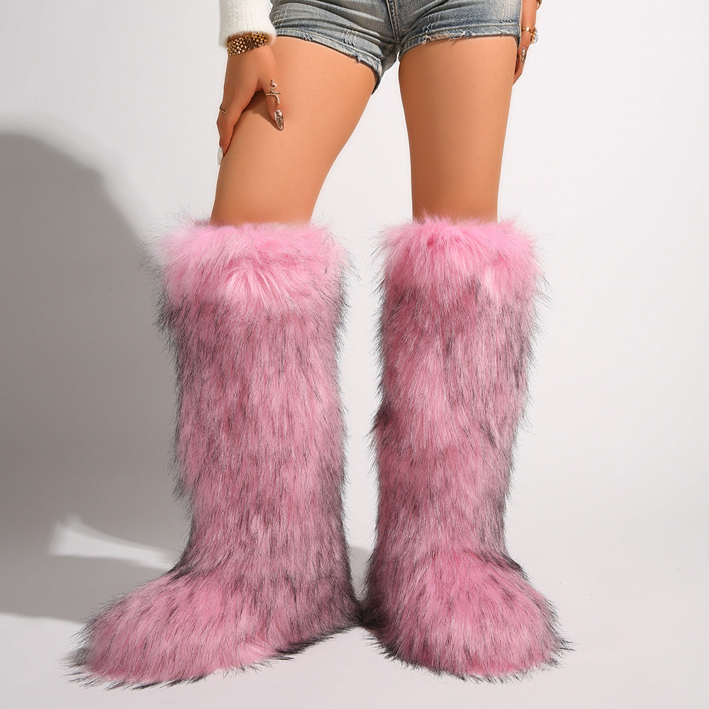 IPPEUM Mongolian Fur Boots Knee High Boots Shoes Winter Plus Size 46 Pink