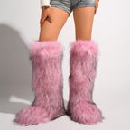 IPPEUM Mongolian Fur Boots Knee High Boots Shoes Winter Plus Size 46 Pink