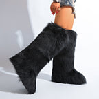IPPEUM Black Knee High Fur Boots Shoes Winter Plus Size 46