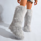 IPPEUM Grey Mongolian Fur Boots Knee High Boots Shoes Winter Plus Size 46