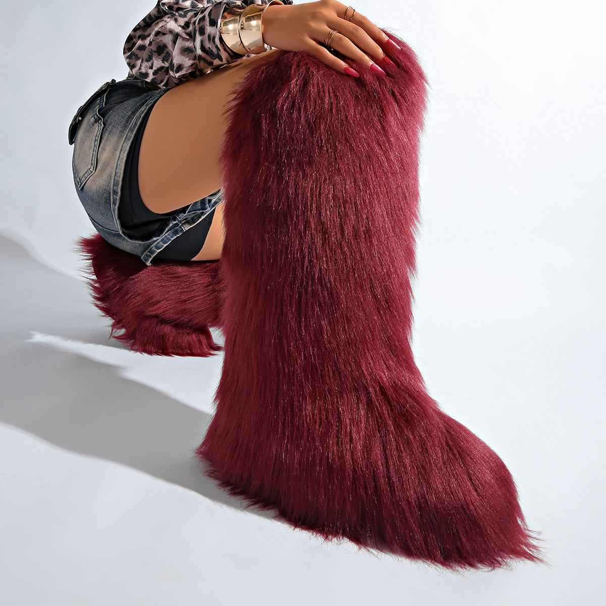 IPPEUM Winered Mongolian Fur Boots Knee High Boots Shoes Winter Plus Size 46