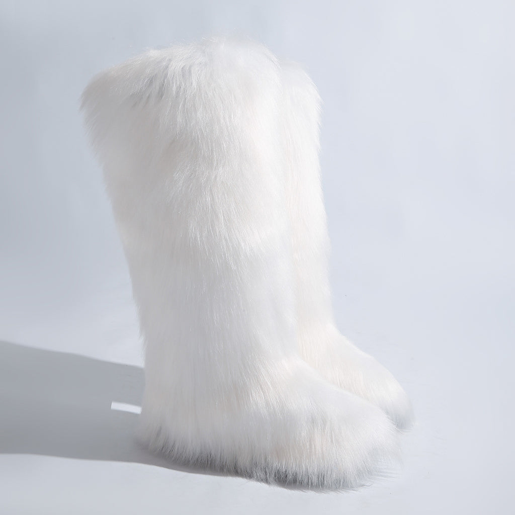IPPEUM White Mongolian Fur Boots Knee High Boots Shoes Winter Plus Size 46