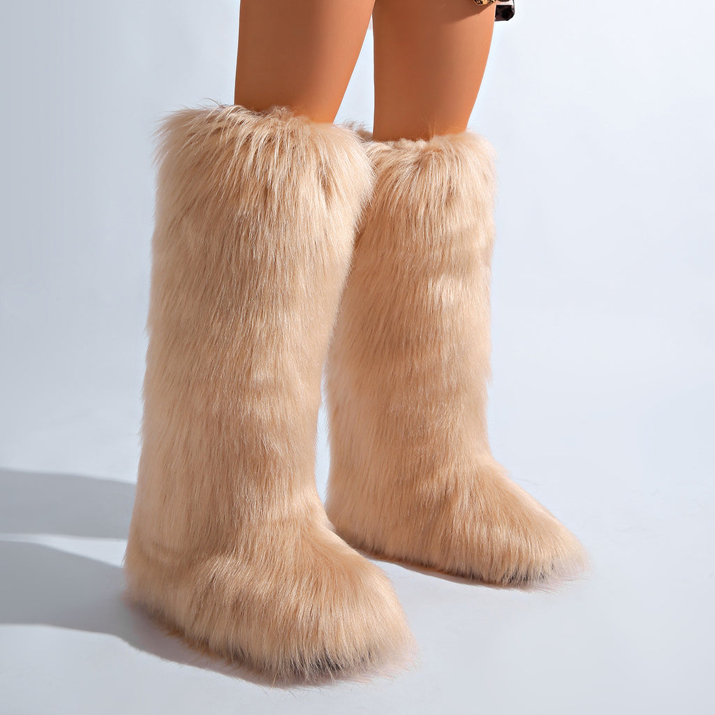 IPPEUM Khaki Mongolian Fur Boots Knee High Boots Shoes Winter Plus Size 46