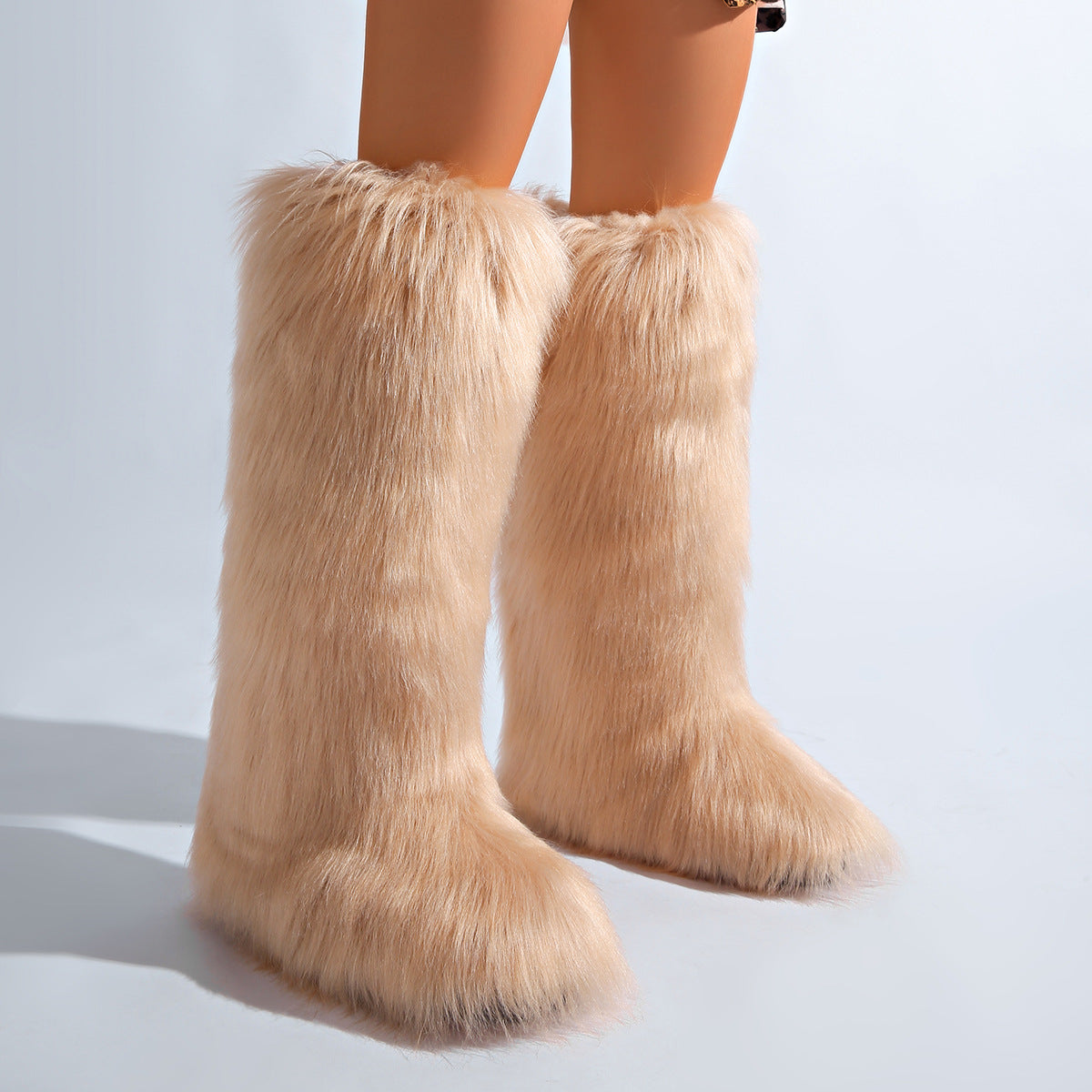 IPPEUM Khaki Mongolian Fur Boots Knee High Boots Shoes Winter Plus Size 46