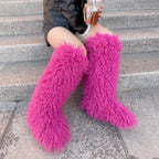 IPPEUM Rosered Mongolian Fur Boots Knee High Boots Shoes Winter Plus Size 45 Fuzzy Boots