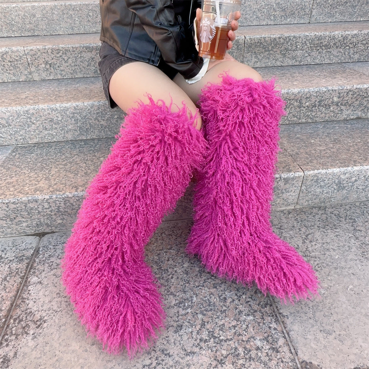 IPPEUM Rosered Mongolian Fur Boots Knee High Boots Shoes Winter Plus Size 45 Fuzzy Boots
