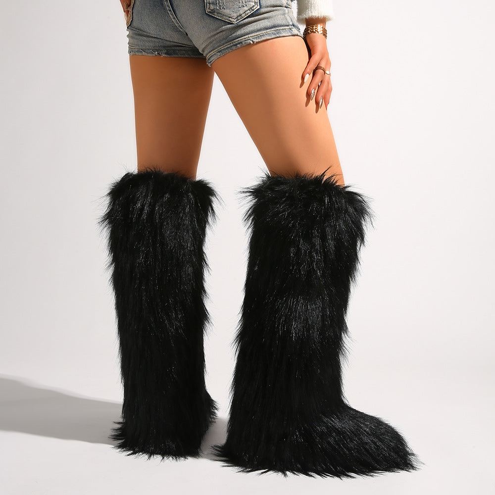 IPPEUM Mongolian Fur Boots Knee High Boots Shoes Winter Plus Size 46 Black
