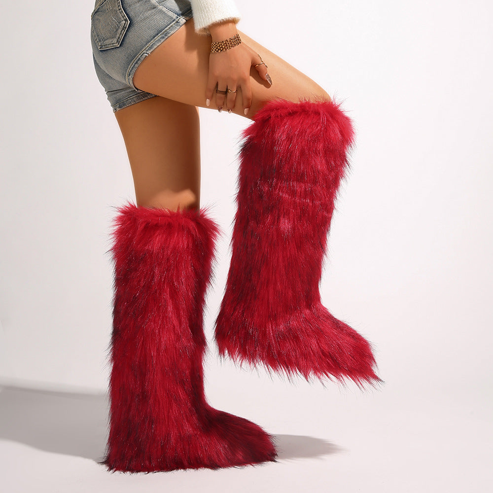 IPPEUM Mongolian Fur Boots Knee High Boots Shoes Winter Plus Size 46 Red