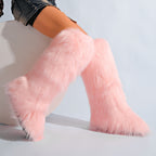 IPPEUM LightPink Mongolian Fur Boots Knee High Boots Shoes Winter Plus Size 46