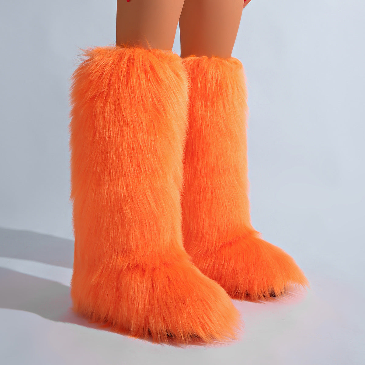 IPPEUM Orange Mongolian Fur Boots Knee High Boots Shoes Winter Plus Size 46