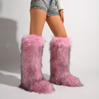 IPPEUM Mongolian Fur Boots Knee High Boots Shoes Winter Plus Size 46 Pink
