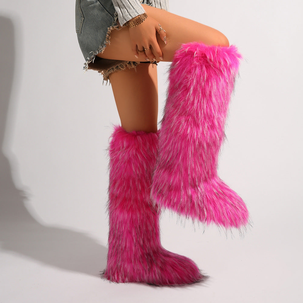 IPPEUM Mongolian Fur Boots Knee High Boots Shoes Winter Plus Size 46 Rosered