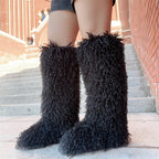 IPPEUM Black Mongolian Fur Boots Knee High Boots Shoes Winter Plus Size 45 Fuzzy Boots