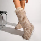 IPPEUM Mongolian Fur Boots Knee High Boots Shoes Winter Plus Size 46 Khaki