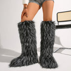 IPPEUM Mongolian Fur Boots Knee High Boots Shoes Winter Plus Size 46 Fuzzy Boots DeepGrey
