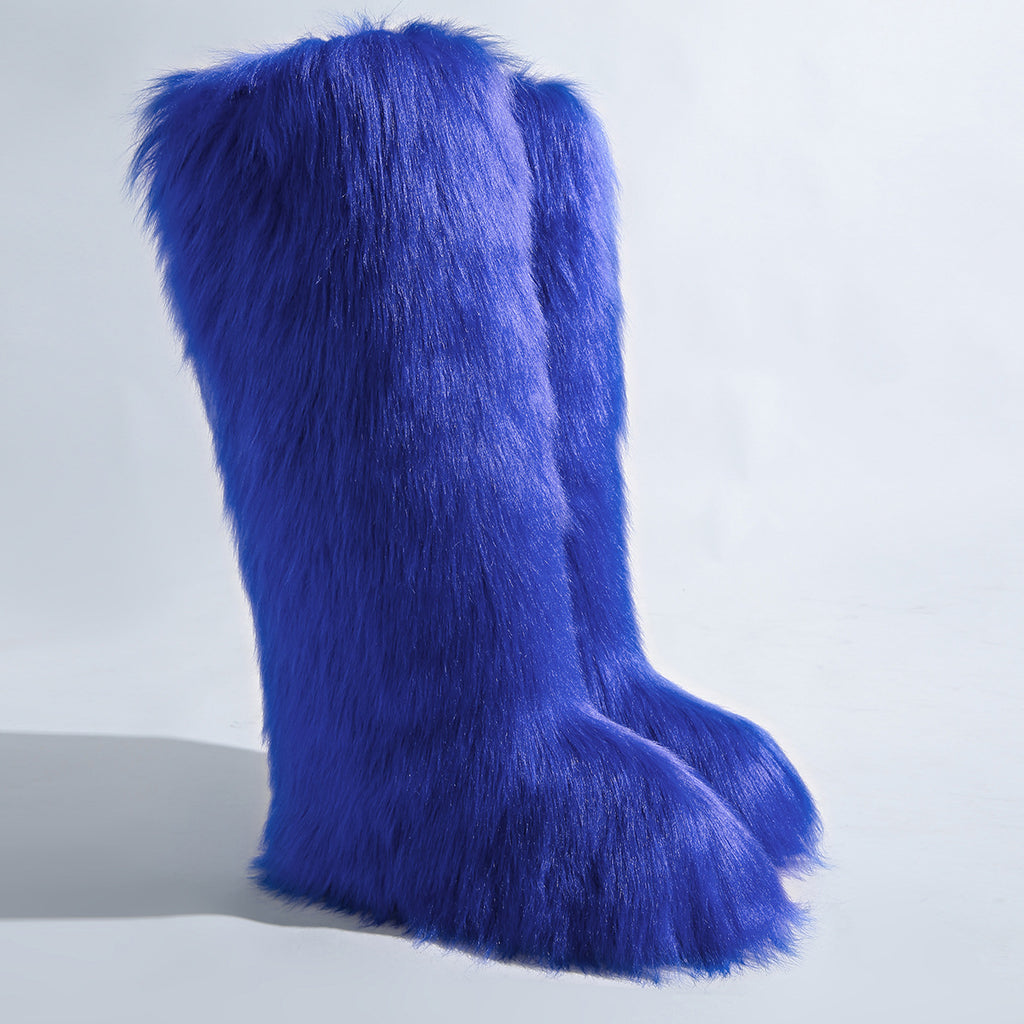 IPPEUM Blue Mongolian Fur Boots Knee High Boots Shoes Winter Plus Size 46
