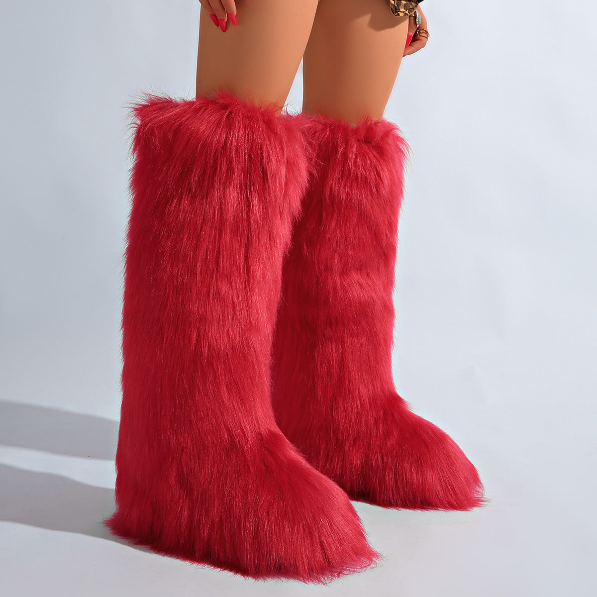 IPPEUM Red Mongolian Fur Boots Knee High Boots Shoes Winter Plus Size 46