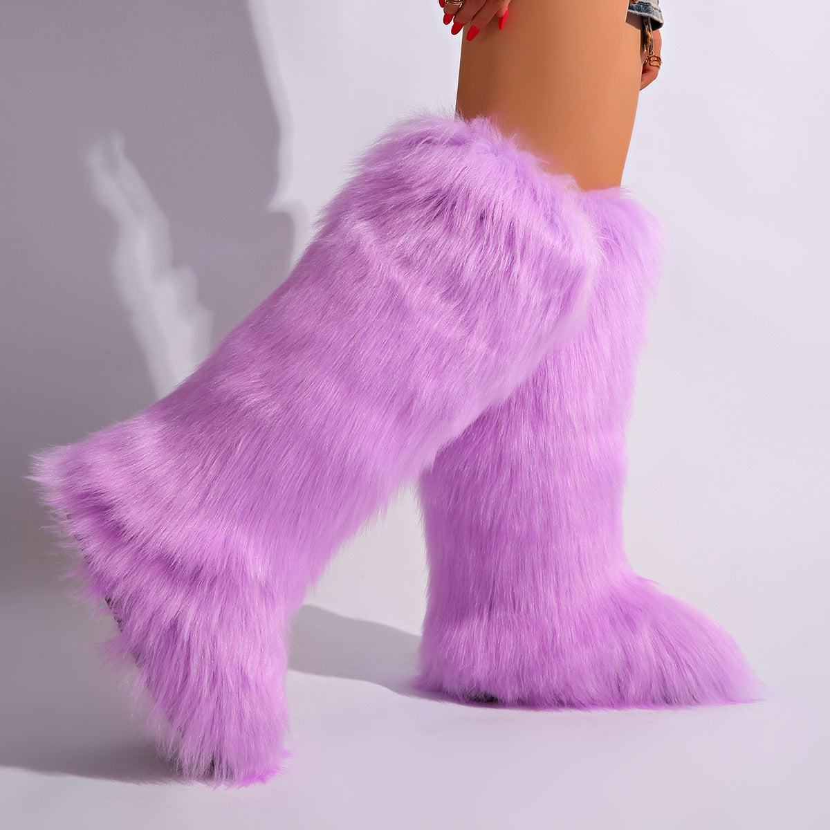 IPPEUM Purple Mongolian Fur Boots Knee High Boots Shoes Winter Plus Size 46