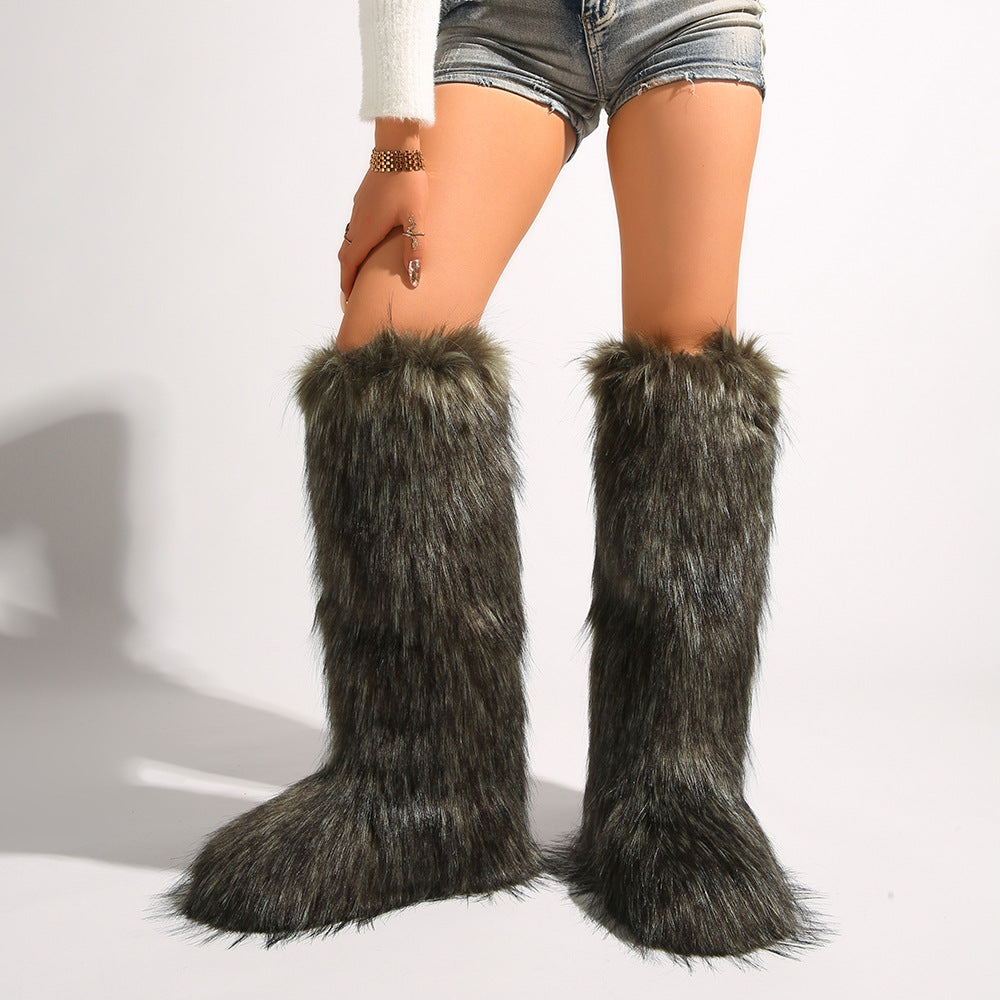 IPPEUM Mongolian Fur Boots Knee High Boots Shoes Winter Plus Size 46 Army Green