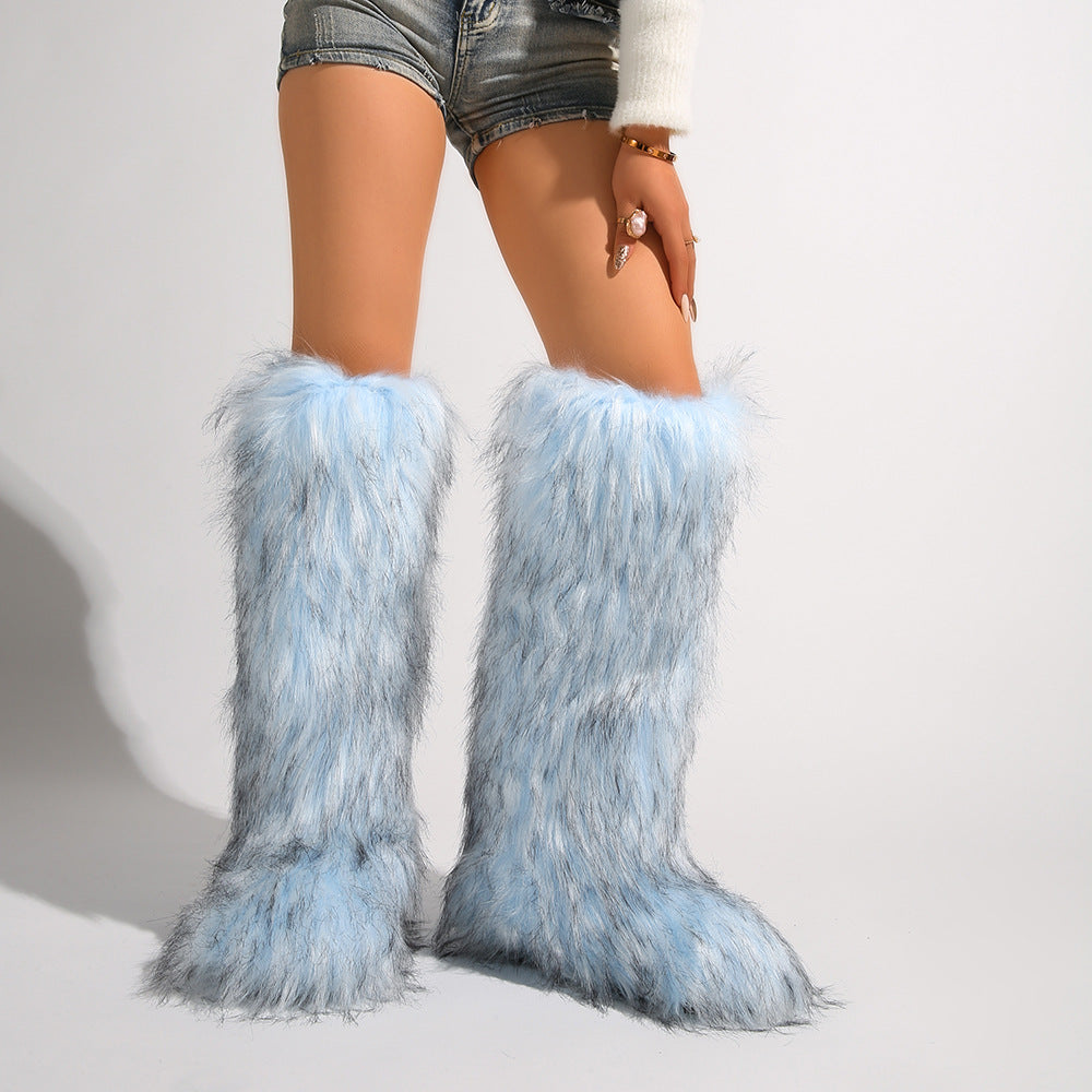 IPPEUM Mongolian Fur Boots Knee High Boots Shoes Winter Plus Size 46 Blue