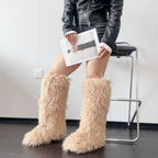 IPPEUM Khaki Mongolian Fur Boots Knee High Boots Shoes Winter Plus Size 45 Fuzzy Boots