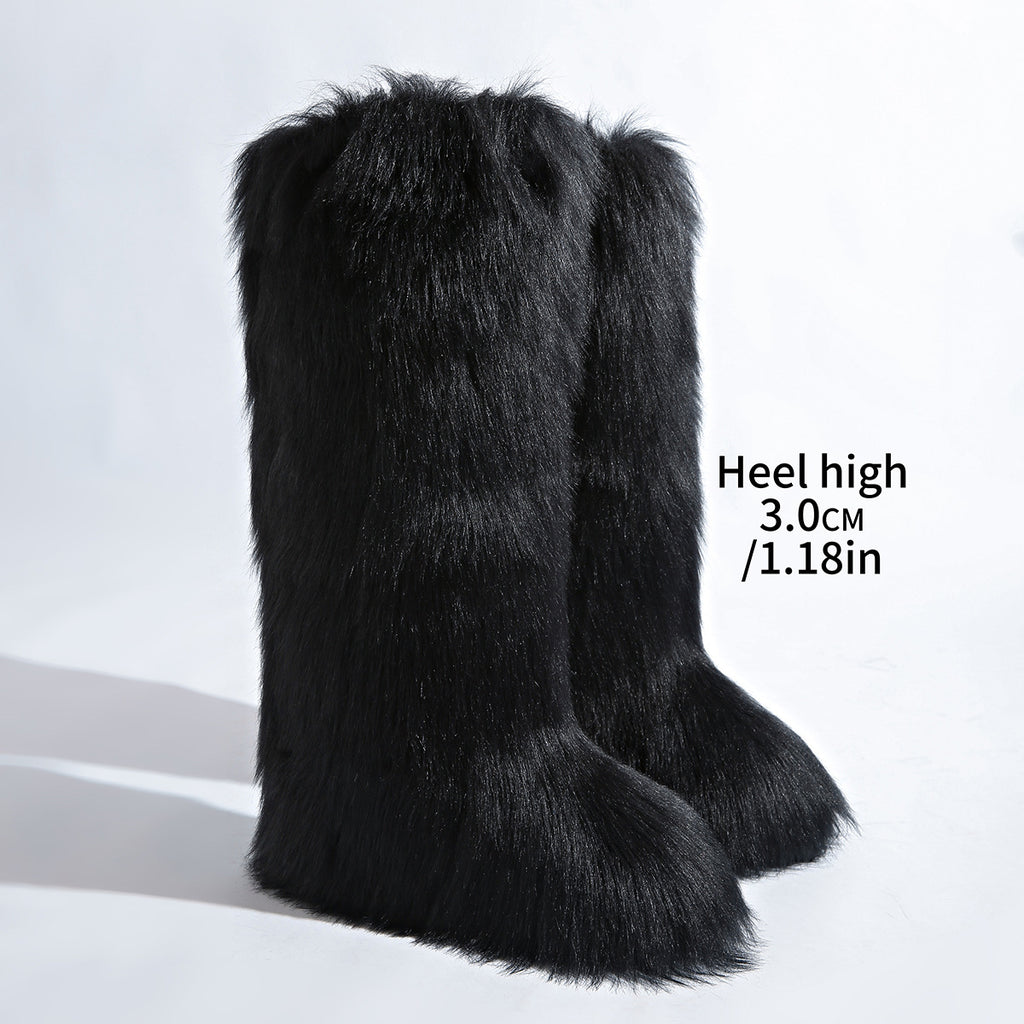 IPPEUM Black Knee High Fur Boots Shoes Winter Plus Size 46