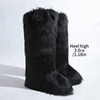 IPPEUM Black Knee High Fur Boots Shoes Winter Plus Size 46