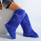 IPPEUM Blue Mongolian Fur Boots Knee High Boots Shoes Winter Plus Size 46