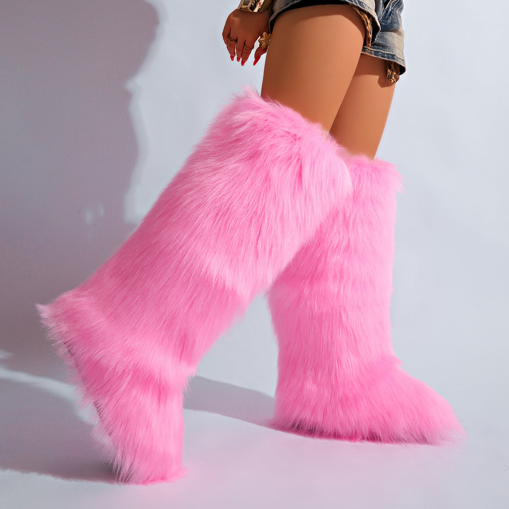 IPPEUM Pink Mongolian Fur Boots Knee High Boots Shoes Winter Plus Size 46