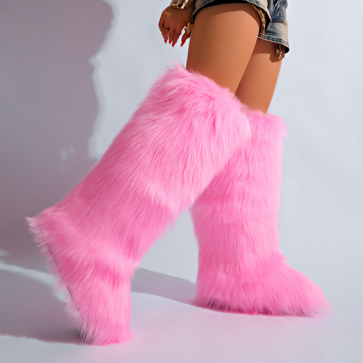 IPPEUM Pink Mongolian Fur Boots Knee High Boots Shoes Winter Plus Size 46
