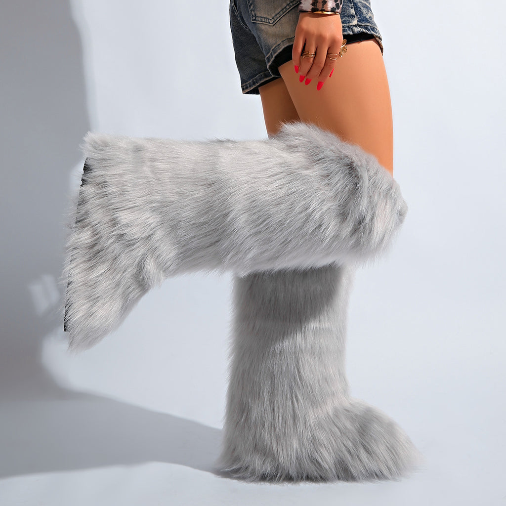 IPPEUM Grey Mongolian Fur Boots Knee High Boots Shoes Winter Plus Size 46
