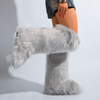 IPPEUM Grey Mongolian Fur Boots Knee High Boots Shoes Winter Plus Size 46