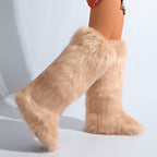 IPPEUM Khaki Mongolian Fur Boots Knee High Boots Shoes Winter Plus Size 46