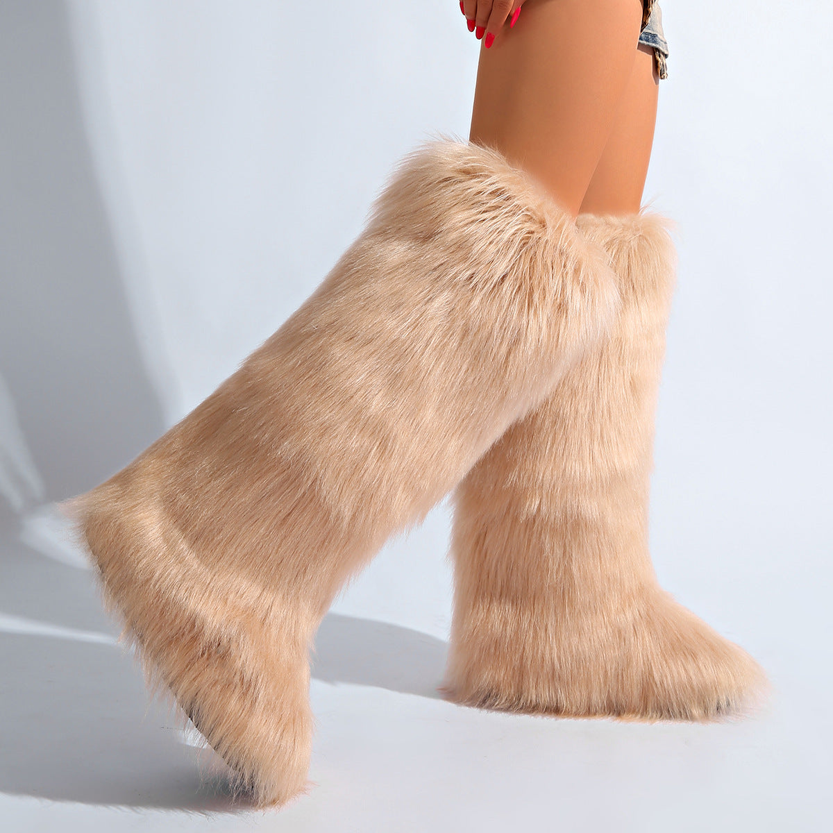 IPPEUM Khaki Mongolian Fur Boots Knee High Boots Shoes Winter Plus Size 46