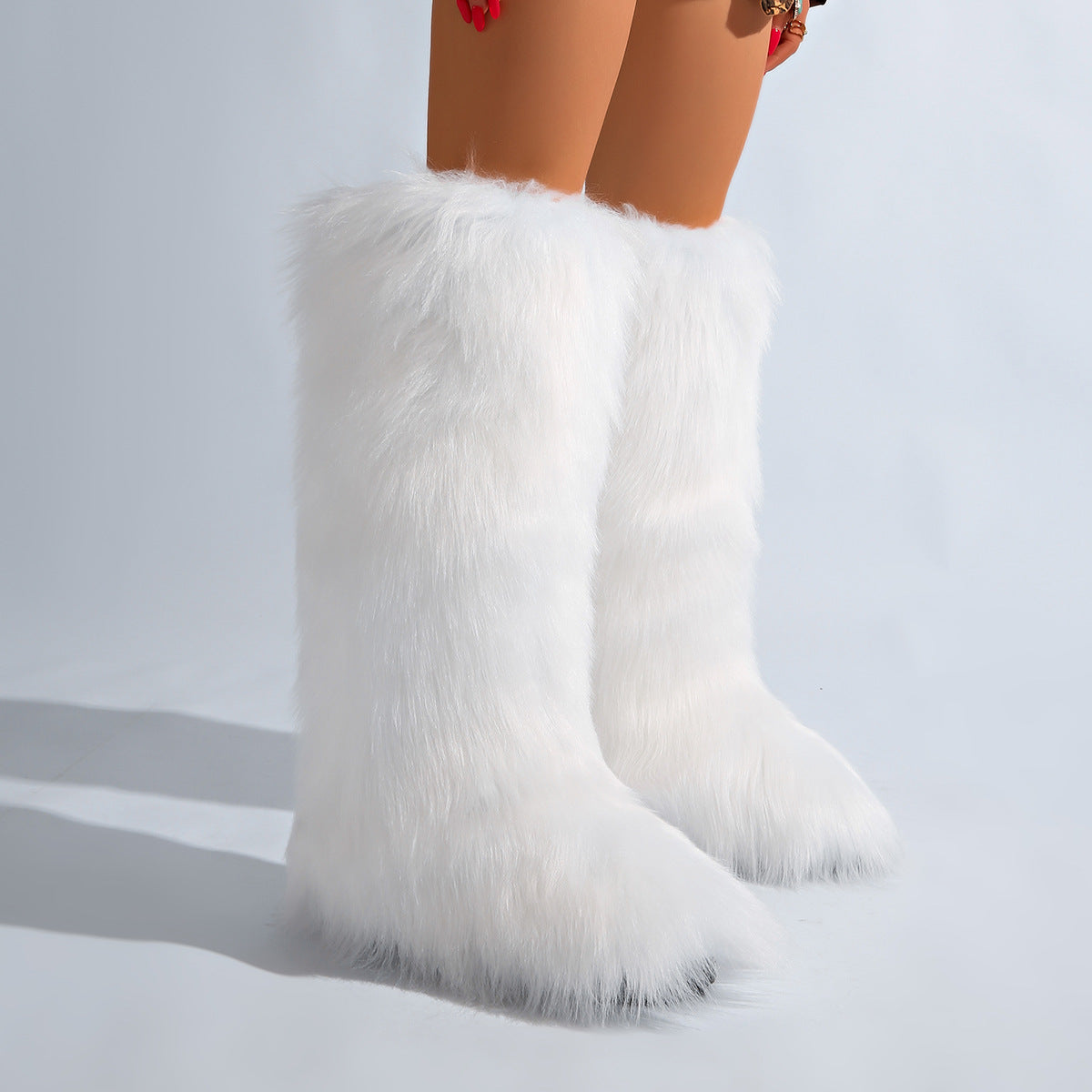 IPPEUM White Mongolian Fur Boots Knee High Boots Shoes Winter Plus Size 46