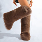 IPPEUM Brown Mongolian Fur Boots Knee High Boots Shoes Winter Plus Size 46