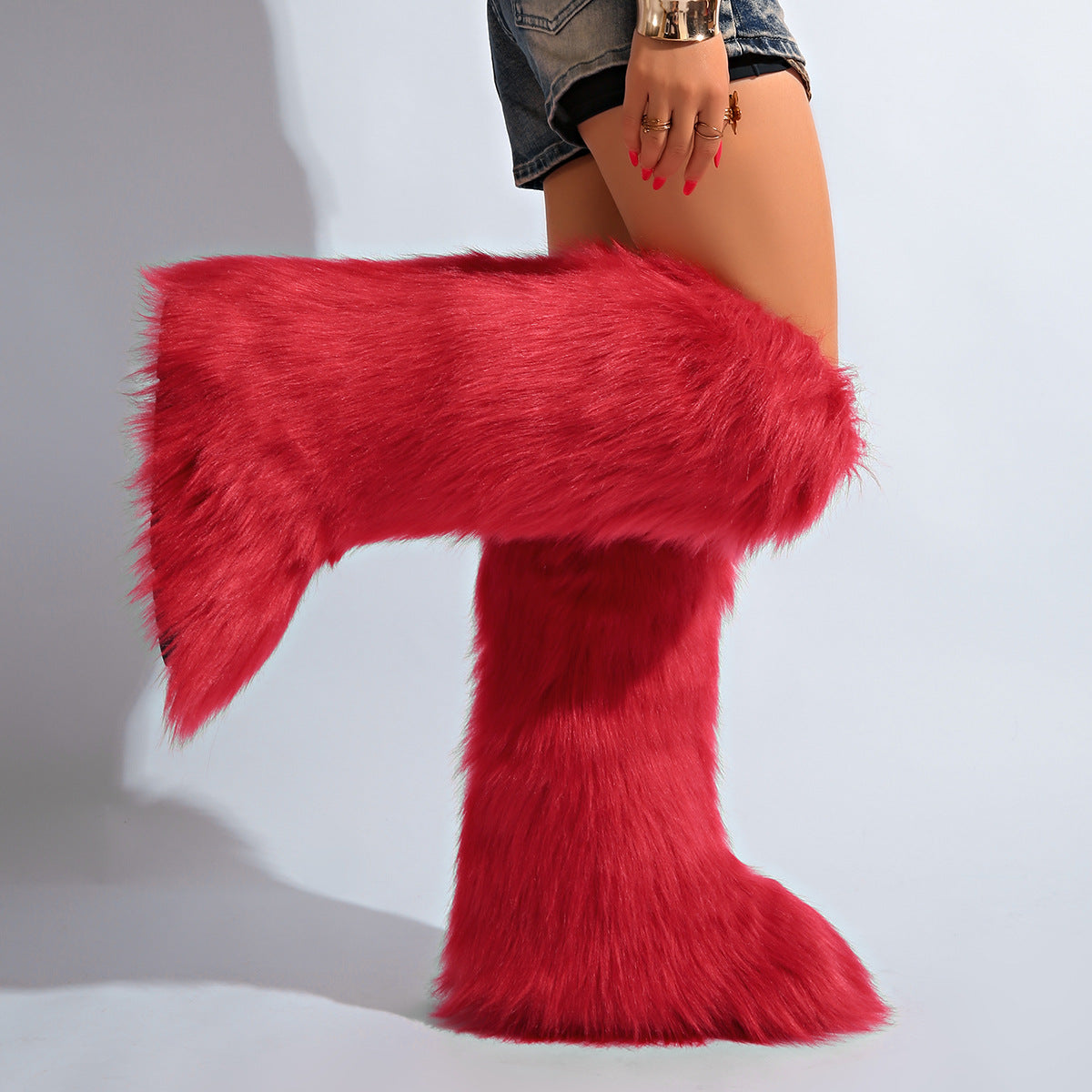 IPPEUM Red Mongolian Fur Boots Knee High Boots Shoes Winter Plus Size 46