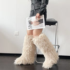 IPPEUM Nude Mongolian Fur Boots Knee High Boots Shoes Winter Plus Size 45 Fuzzy Boots