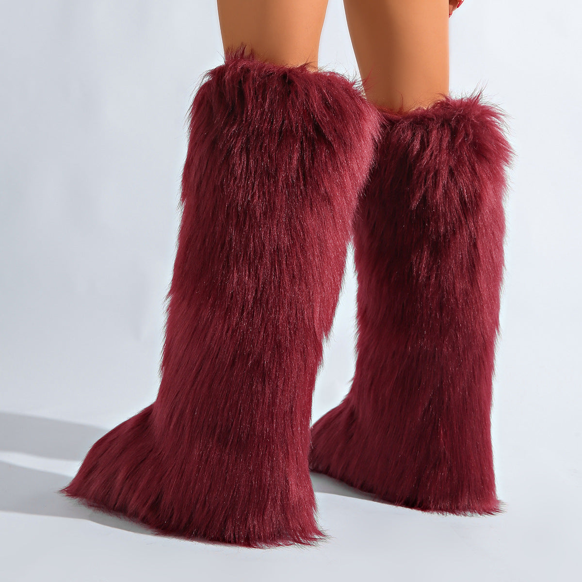 IPPEUM Winered Mongolian Fur Boots Knee High Boots Shoes Winter Plus Size 46