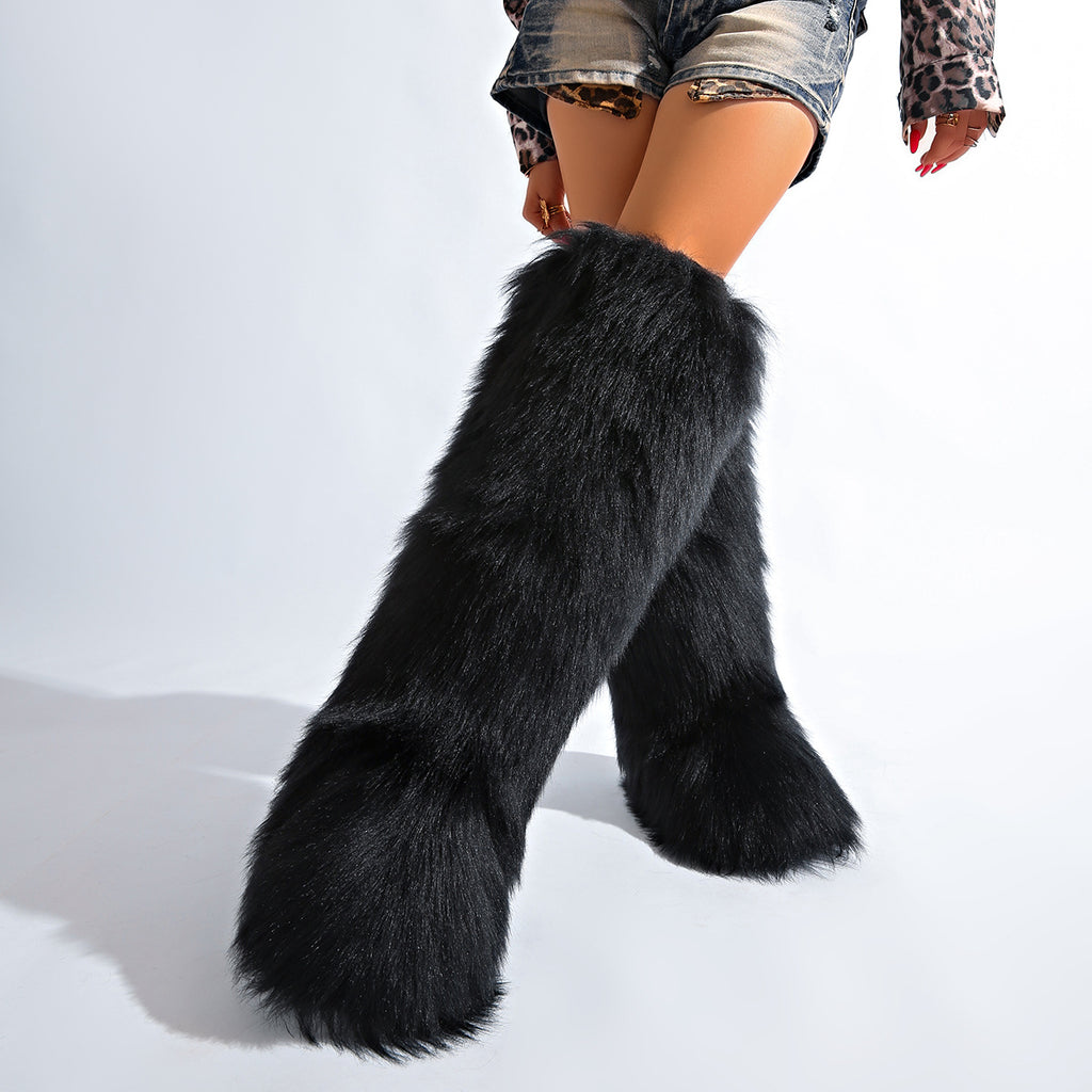 IPPEUM Black Knee High Fur Boots Shoes Winter Plus Size 46