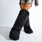 IPPEUM Black Knee High Fur Boots Shoes Winter Plus Size 46